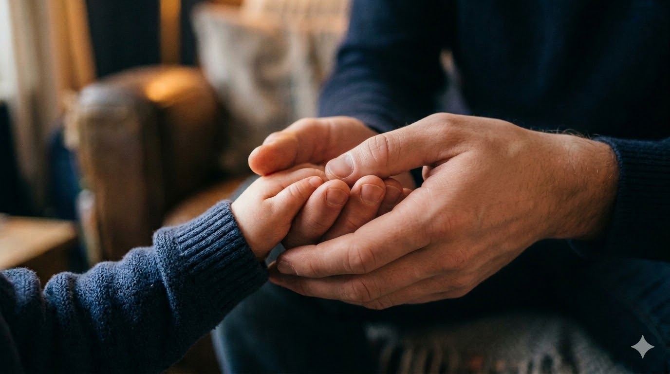 Un padre sosteniendo con ternura las manos de su hijo pequeño